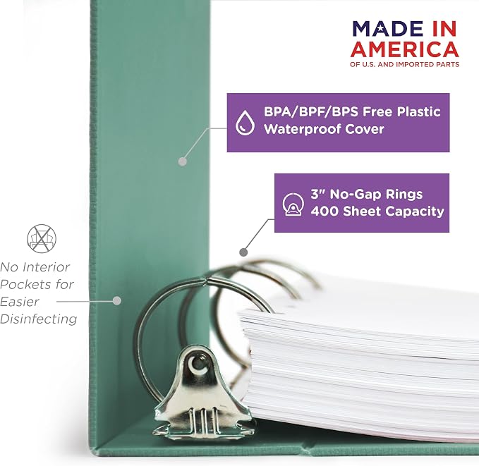 Carstens 3-Inch Heavy Duty 3-Ring Binder - Top Opening, Mint, Durable Plastic, Precision No-Gap Rings, Waterproof Cover, No Pockets, Holds 400 US Letter Sheets, BPA-Free, Made in USA (1758-3R)