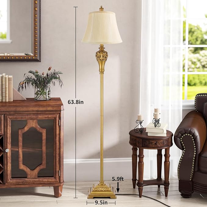 Vintage Floor Lamp for Living Room, Traditional Tall Standing Lamp | Eye-caring Faux Silk Shade, Stable Antique Base, Farmhouse Rustic Design, Bright Floor Lighting