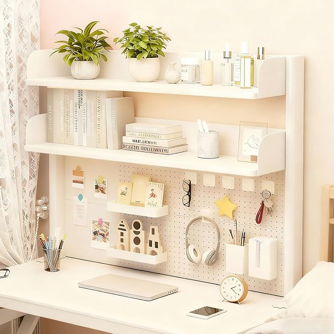 Clamp On Desk Shelf Organizer with Pegboard Desk Hutch Dorm with Storage Bookshelf Desk Top Organizer Shelf Multi-Purpose White & Black Desktop Shelves & Office Shelves (White, W - 23.6")