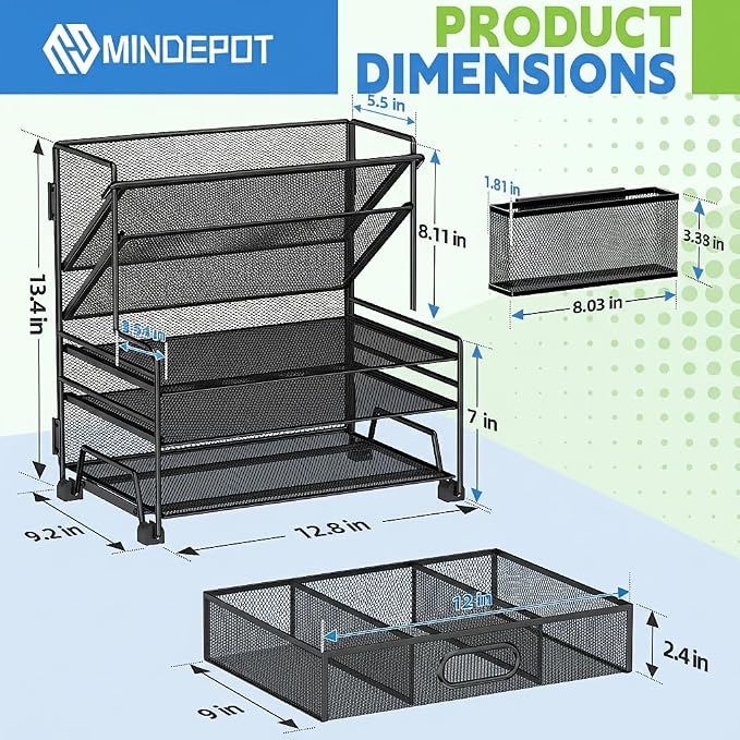 MINDEPOT 4-Tier Paper Organizer + 3-Pocket File Holder, Desktop File Organizers Paper Tray for Office School Classroom Workspace Organization (Black 2+3 Desk Organizer)