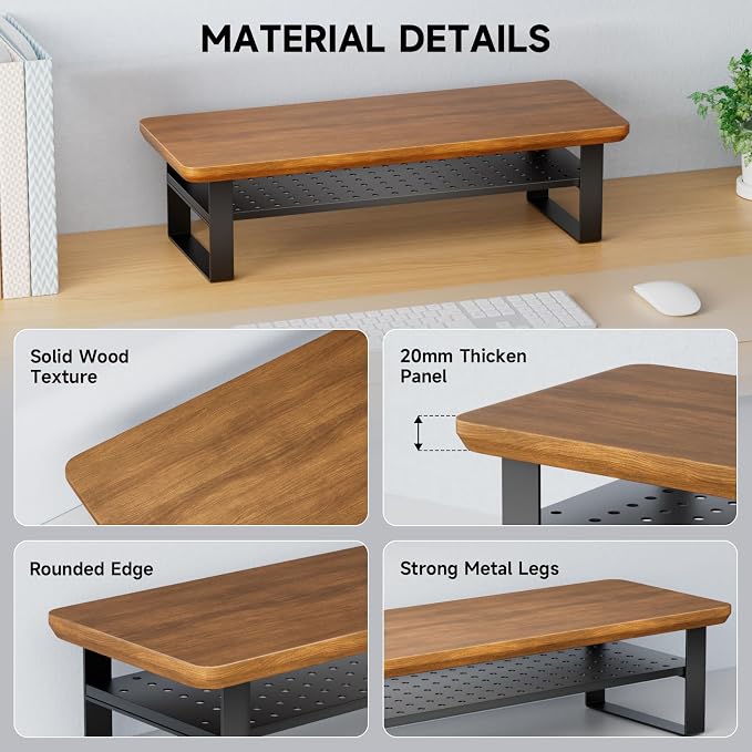 Monitor Stand Riser, 24 Inch Computer Monitor Stand for Desk, 2-Tier Wood Desk Shelf Organizer with Storage, Desktop Stand for Laptop/Screen/PC/Printer, Ergonomic Home Office Monitor Stand