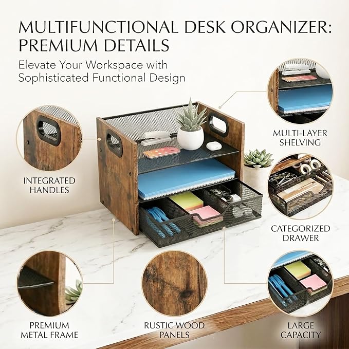 Wood Desk Organizer - 3-Tier Desktop File Organizer with Drawer, Wooden Paper Tray, Office Desk Organzier and Accessories for Papers, Mail, Notebooks, Stationery
