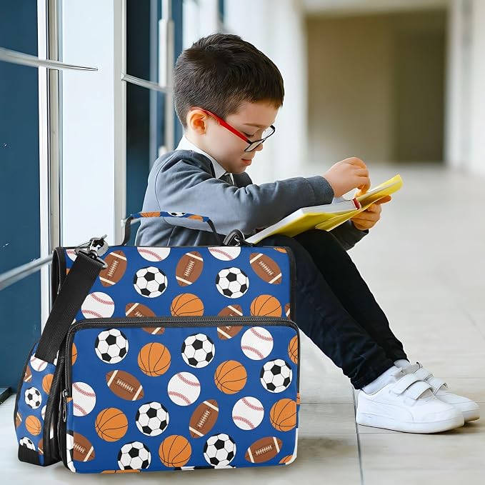 Sports Football Baseball Pattern 3 Ring Zipper Binder with Shoulder Strap & Handle 2 Inch D-Ring Zippered Binder Bag with Multiple Pocket & Pencil Pouch, Binder Organizer for School or Office