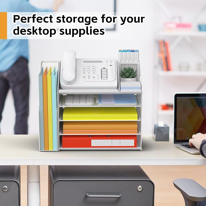 DocNest 5 Tier Metal Mesh Desk File Organizer with Phone Shelf, White | Desktop letter tray sorter features a 9.1x9.1 inch top phone holder, built-in sticky note compartment and pen holder