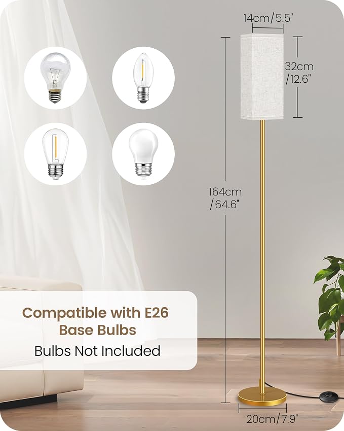 2Pack Floor Lamp, Pole with Foot Switch, Modern Standing Lamp Lampshade, Minimalist Freestanding Lamp (Bulb Not Included), for Living Room,Bedroom,Office,ETL Listed,Gold and Beige DE07LDP205