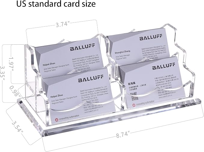 HeZone Business Card Holder Display for Desk, Cards Organizer Case for Women and Men 4 Slot 2 Tier, Clear Acrylic Business Card Stand Rack with 1 Pack (4 Grid-H)