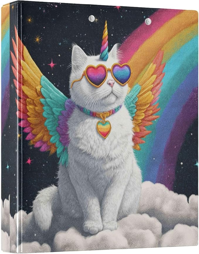 Aslsiy Kids 3 Ring Binder 1.5 Inch Unicorn Cat Rainbow Cloud Girls Round Clipboard Binder Decorative Harcover Binders Organizer for Office School Supply