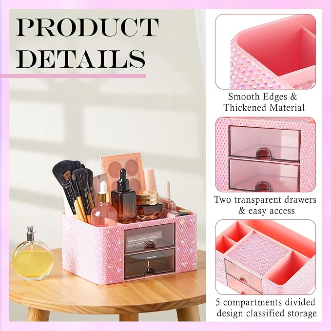 MotiMind Pink Bling Desk Organizer with 2 Drawer, Sparkly Makeup Organizer for Vanity, Girly Desk Accessories, Rhinestone Pen Holder, Elevate Your Workspace with Pink Serenity (Diamond)