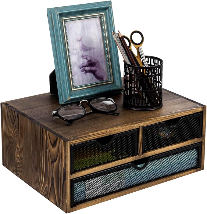 MyGift Rustic Burnt Brown Solid Wood Desktop Organizer Box with 3 Removable Black Metal Mesh Trays, Office Desk Supplies Storage Drawers for Accessories