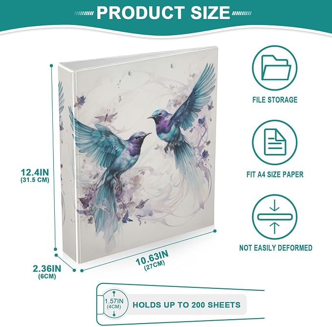 3 Ring Binder, Turquoise Bird File Folder Holds 200 Sheets File Storage for Women Men School Office Supplie