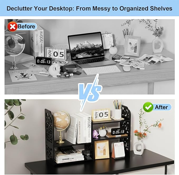 YGYQZ Adjustable Desktop Shelf Organizer, 3-Tier Expandable Desk Shelf, Black Pattern