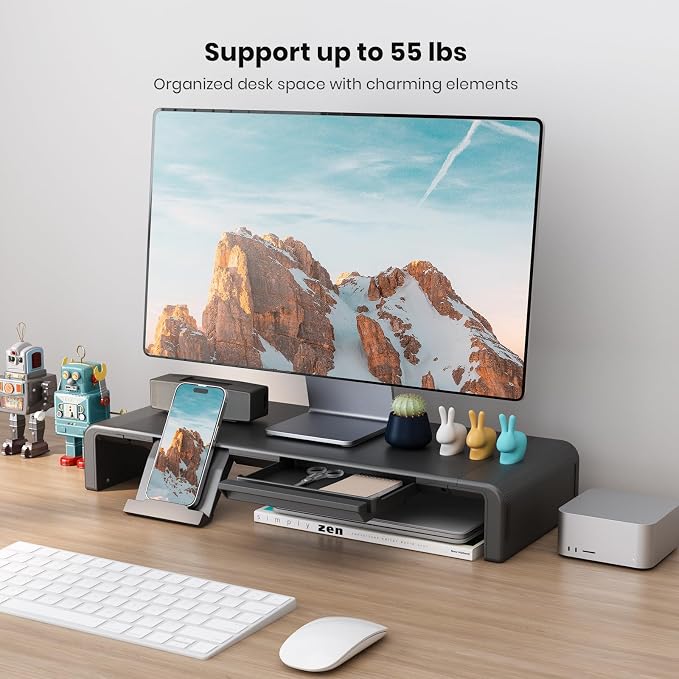 Klearlook Computer Monitor Stand for Desk, Adjustable Foldable Monitor Riser with Storage Drawer & Tablet Phone Holder for Office, Home, Laptop, Desktop (Black)