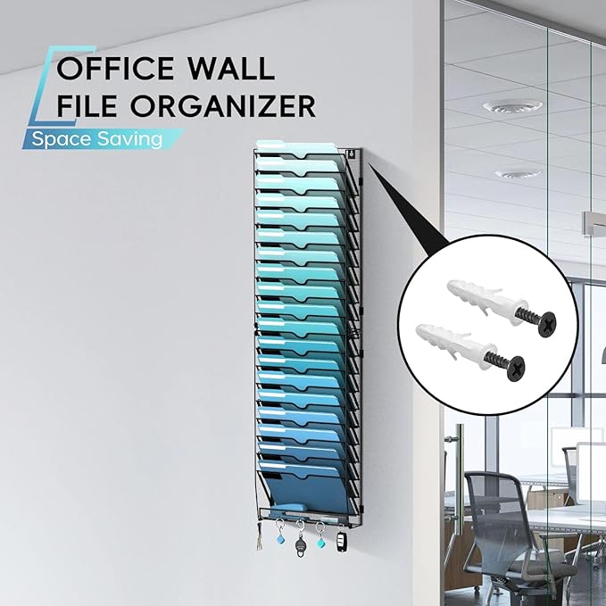 20-Tier Wall File Organizer and Mail Organizer with 5 Hooks, Black | Label slots, curved openings, 5 key hooks, and a bottom tray support organized mail, file, and everyday item storage.