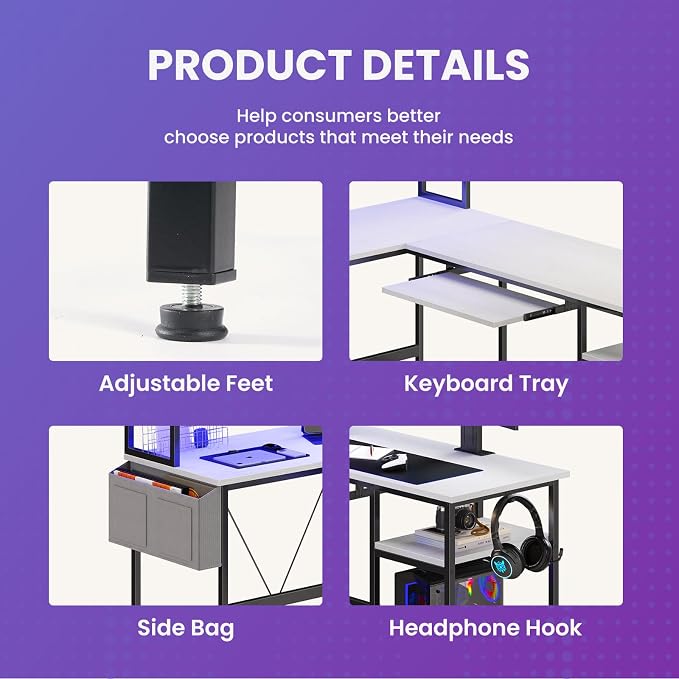 DUMOS 67" L Shaped Gaming Desk, Reversible Computer Desks with LED Lighting | Corner Desk for Compact Spaces, Keyboard Tray & Storage Shelf, Home Office, White
