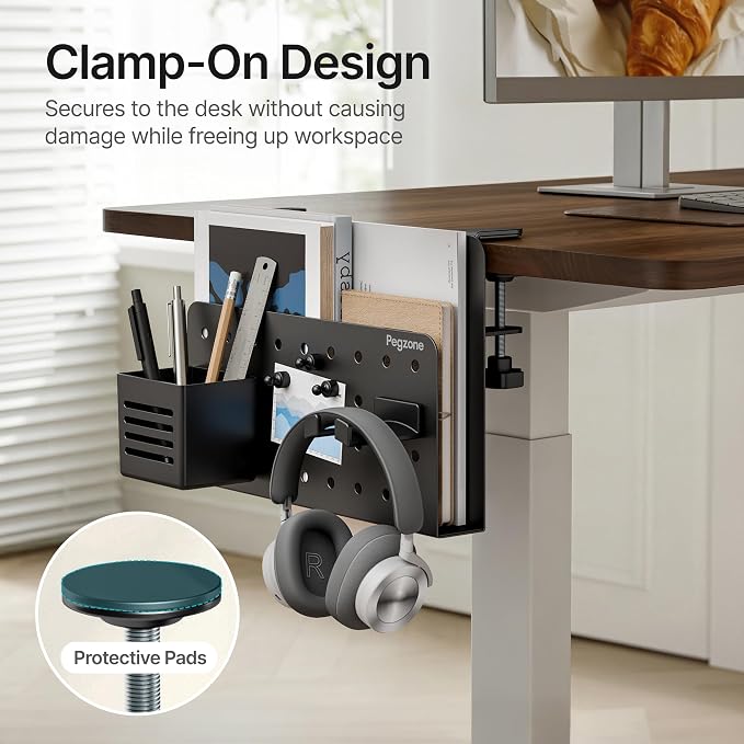 Under Desk Storage Organizer, Laptop Holder for 0.4"-2.2" Desk Edge, Black | Holds 22lbs, Clamp on Desk Organizer with Pegboard Design, Fits 0.4"-2.2" Desktop Edge