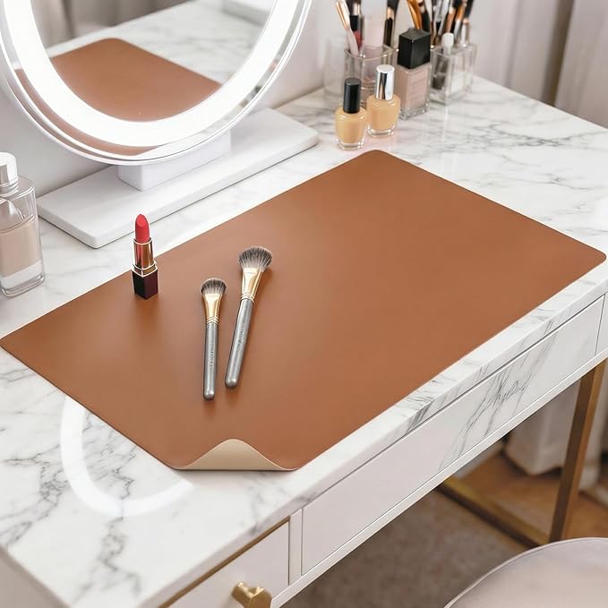 LovePads Makeup Mat for Vanity, 14" x 24" PVC Desk Mat & Dresser Cover Top | Waterproof Desk Protector, Vanity and Desk Accessories; Wipes Clean, Ideal for Writing, Nail Art, Craft Table, Brown+Beige
