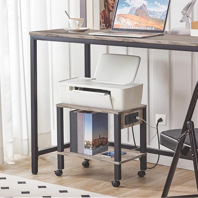 HOOBRO 2-Tier Printer Stand with Charging Station, Under Desk Printer Table, Printer Cart with Storage Shelves, Shelf for Small Spaces, for Home Office, Greige and Black BG38UPS01