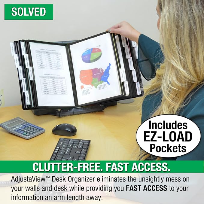 Ultimate Office AdjustaView Expandable Desk Reference Display Organizer 20B | 5 Adjustable Viewing Angles, Dual Weighted Base, 20 Letter Size EZ-Load Black Pockets, ADD-ON to Expand Capacity at Anytime