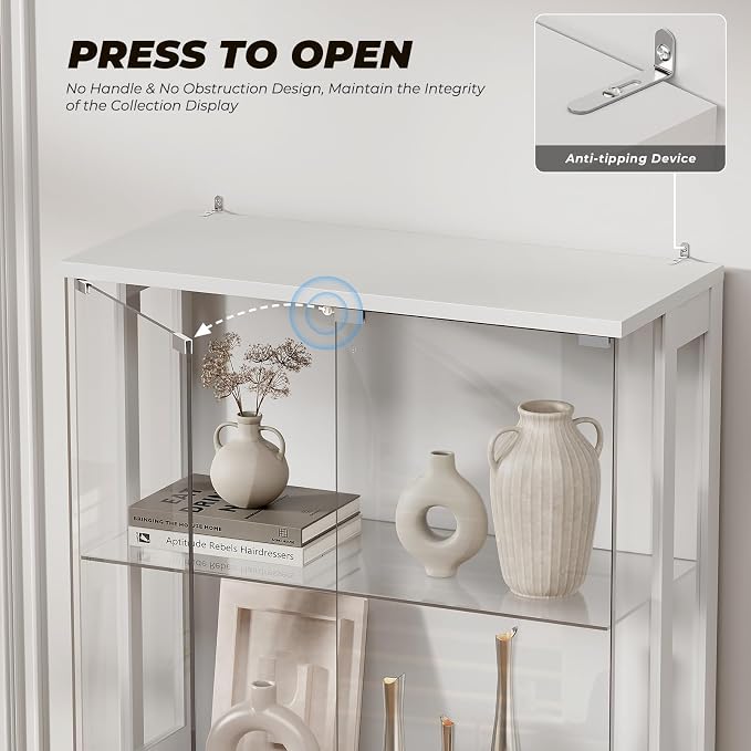 Auro Home 4-Tier Display Cabinet with Light White (65" H*31.5" W*13.7" D) | Display Case With Glass Door,Curio Cabinet with 3 color Light&Human Body Sensor,Perfect for Collectibles,Lego,Trophy,Book