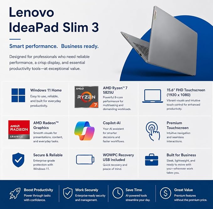Lenovo Slim 3 Touchscreen Business Laptop, Ryzen 7 5825U Processor (Beats i7-1355U), 15.6" FHD LED Display, 16GB RAM, 1TB PCIe SSD, SD Card Reader, WiFi 6, Windows 11, WOWPC Recovery USB