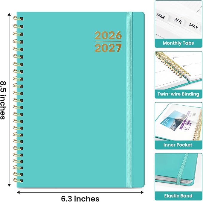 Taja Planner 2026-2027, Jul 2026-Jun 2027 Monthly & Weekly Calendar Book | 6.3" x 8.5", Hardcover Academic Calendar with Tabs, Teacher Student Agenda Book for School Office Supplies - Aquamarine