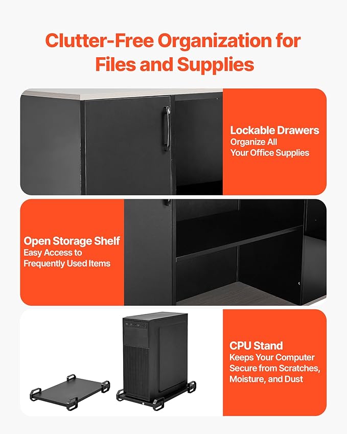 VEVOR 71" L-Shaped Executive Desk, Large Computer Desk with Drawers, File Storage Cabinet, CPU Stand, 350 LBS Load Capacity Corner Table, Easy Assembly, for Work Study