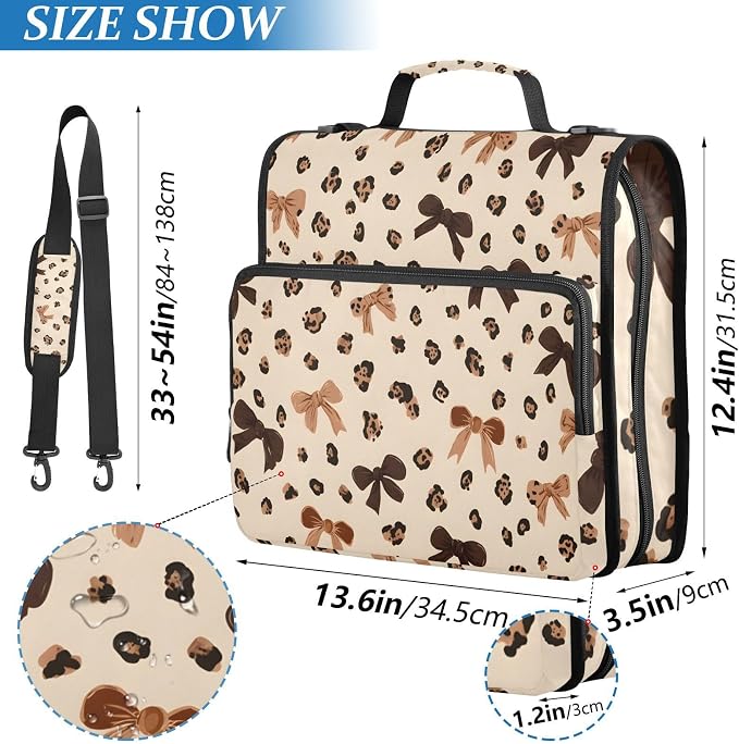 3 Ring Zipper Binder with Shoulder Strap Leopard Print Bow Pattern 1.5 inch Binders Keeper Large Capacity Multi Pockets for School Office Supplies