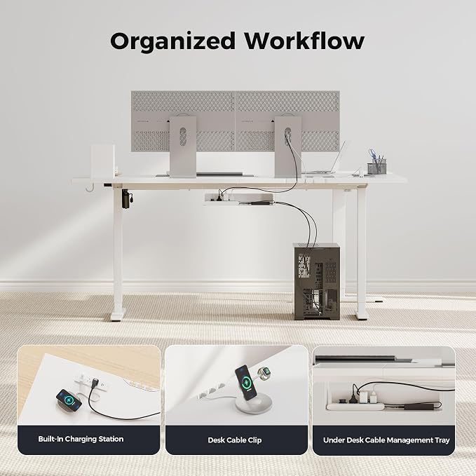 Agilestic 75 x 61 Inch L Shaped Standing Desk with Powerstrip, White | Outlets, Cable Management, Corner Desk, Ample Workspace, Memory Presets, Hooks, Stable Steel Frame,176 lbs, Splice Board