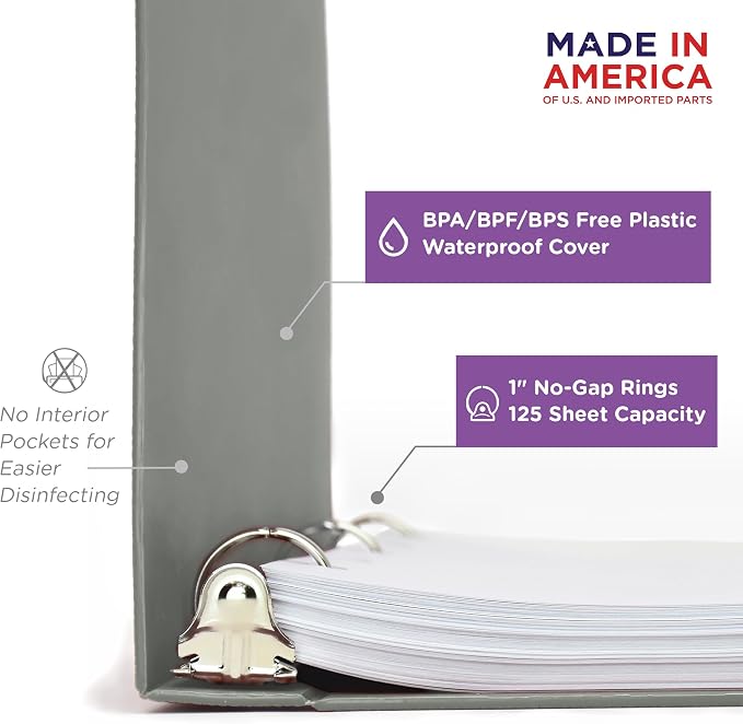 Carstens 1-Inch Heavy Duty 3-Ring Binder - Side Opening, Ash Gray, Durable Plastic, Precision No-Gap Rings, Waterproof Cover, No Pockets, Holds 125 US Letter Sheets, BPA-Free, Made in USA (8702-3R)