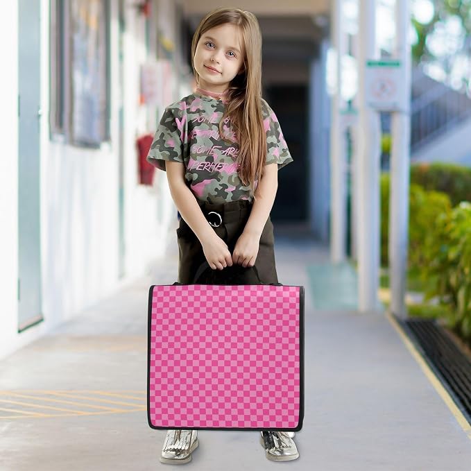 Pink Checkered Print 3 Ring Zipper Binder with Shoulder Strap & Handle 2 Inch D-Ring Zippered Binder Bag with Multiple Pocket & Pencil Pouch, Binder Organizer for School or Office
