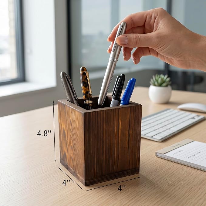 MyGift 2pc Natural Wood Pen Holder Pencil Cup, Desktop Organizer | Two matching cups keep writing tools, art supplies, craft brushes, and small accessories neatly contained and easy to reach