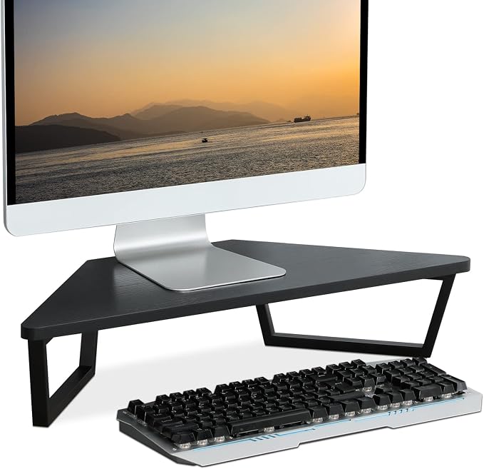 TEAMIX 26 inch Corner Monitor Stand Riser with Keyboard Storage, Black | Triangle Monitor Stand, Wood & Metal Computer Stand, Laptop Riser, Desktop Organizer, for L Shaped Desk, Home Office & Gaming