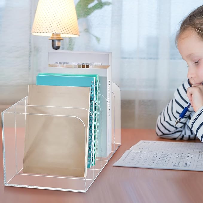 Suzile Clear Acrylic Magazine File Holder with Vertical Compartments Desk Organizer Book Rack for Desk Sorter Paper Folder Office Accessories(Classic,14.2 x 7.2 x 6.5 Inch)