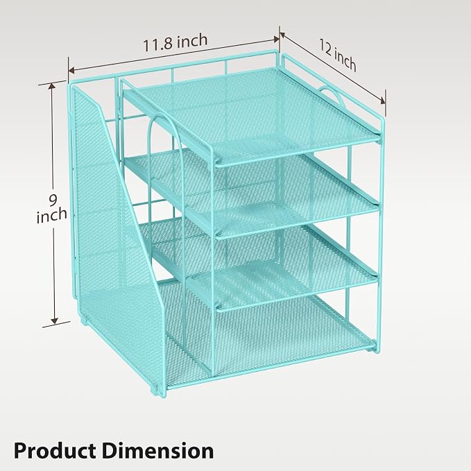 Teal Desk File Organizer and Accessories, 4-Tier Paper Organizer with Vertical File Holder, Office Desk Accessories & Workspace Organizers and Desktop Storage for Office Supplies (Sky Blue)