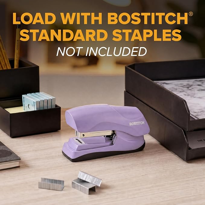 Bostitch Heavy Duty Compact Stapler, 40-Sheet Capacity, No-Jam Technology, Flat Clinch Design, Half-Strip Desktop Stapler, Purple