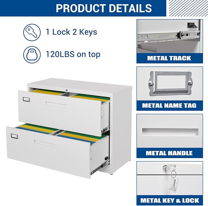 Fesbos Lateral File Cabinet with Lock, 2 Drawer Large Metal Filing Cabinet,Home Office Lockable Storage Cabinet for Hanging Files Letter/Legal/F4/A4 Size-Assembly Required