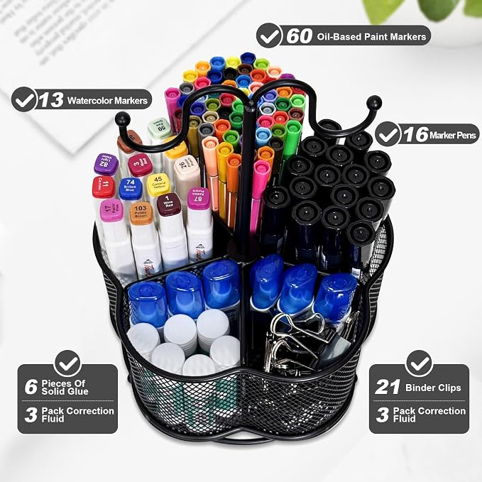 Pen Holder for Desk,360 Degree Rotating Pencil Holder Organizer | 5 Compartments,Large Capacity Pencil Holder for Desk,Metal Rust Prevention,Pen Organizers for Home(Black, With hook)