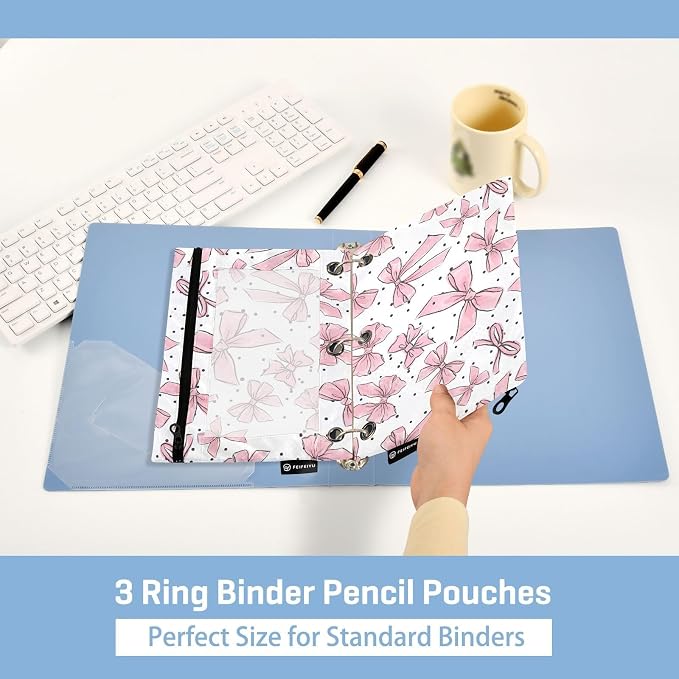 Cute Bows Pink Pencil Pouch for 3 Ring Binder, 2 Pack Waterproof Pencil Bags Clear Window Zipper School Office Supplies
