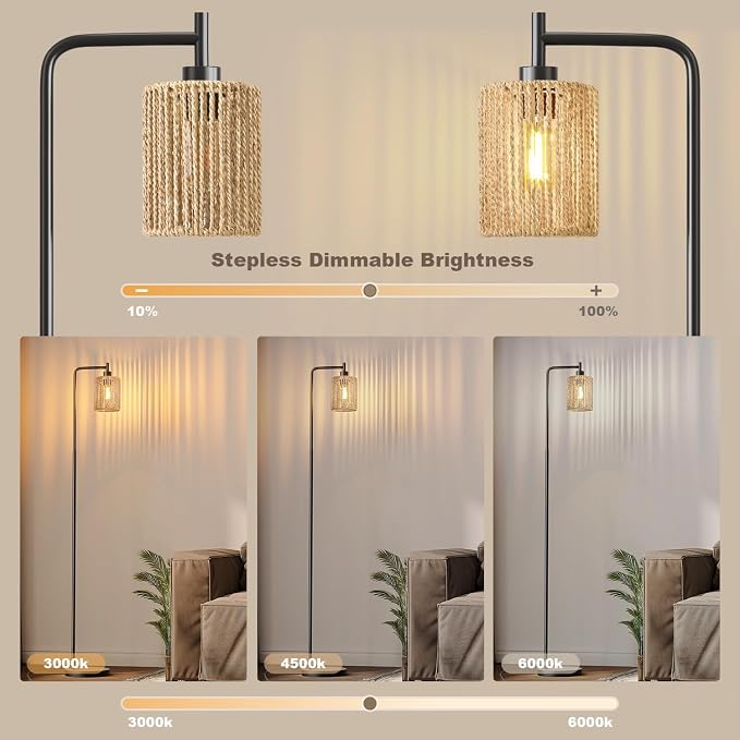 66" Black Floor Lamp for Living Room, Boho Floor Lamp with Remote Control and LED Bulb, Rattan Shade, Industrial Tall Farmhouse Standing Lamp for Bedroom, Dining Room, Study Room, Office
