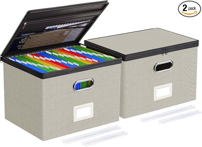 Oterri File Box Large 2-Pack Hanging Organizer for Letter/Legal-Size Folder | Dustproof Lid. 3 Mesh Pockets. Collapsible Scratch-Resistant GRS Linen. Slide Rails. Office, Home, Dorm