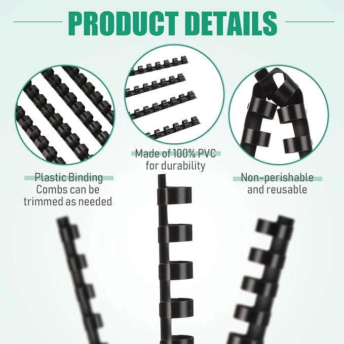 Maitys 300 Pcs Plastic Binding Combs Bulk 19 Ring Comb Spines Letter Size Spiral Binding for Notebook Calendar Picture(1/2 Inch,Black)
