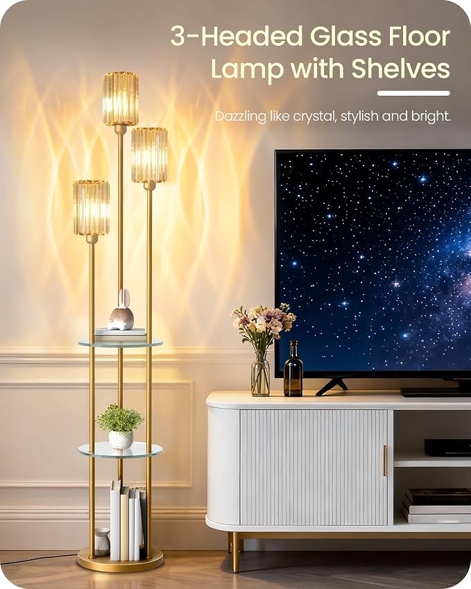 Gold Floor Lamp with Shelves, Modern Floor Lamp with 3 Crystal Shades and Foot Switch, 3-Light Standing Lamp with 3 Shelves, for Living Room, Bedroom, Study, Office, Gold D53LD05