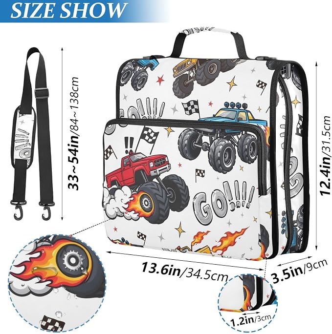 Truck Racing Car Flag Truck 3 Ring Binder Bag 1.5 inch Binder Organizer with Zipper Shoulder Strap 500 Sheet Documents Storage for School Office