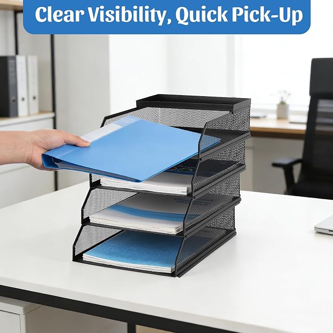 4 Tier Paper Tray Organizer for Desk, Stackable Office Organization | Metal Mesh Desk Trays, File Storage, Paper Sorter Organizer for Letter/A4 Office File Folder Holder, Black