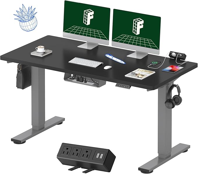 FLEXISPOT EN2 Whole-Piece Standing Desk with Clamp Power Strip, 55 x 28 Electric Stand Up Height Adjustable Desk with Cable Management (Gray Frame + 55" Black Top, 2 Packages)
