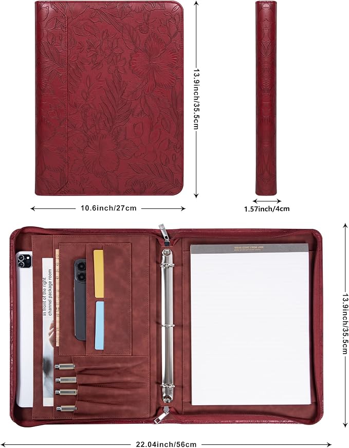 Vintage Red Embossed Vegan Leather Binder Portfolio for Women,3 Ring Portfolio Binder with Zipper, A4 PlannerBinder with Laptop Pocket, Legal Size Padfolio,WorkBinder Organizer for Women Padfolio