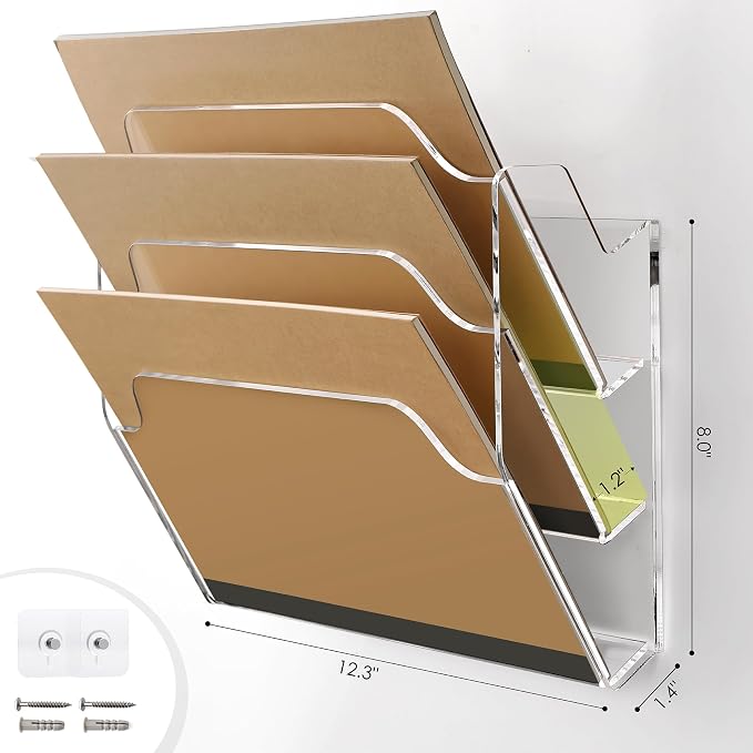 DINGHUO 3 Pockets Acrylic Hanging Wall File Organizer for Office | Wall Mounted Magazine File Holder for Mail Paper Document Organization, No Assembly Required, Hooks Screws Included - 1 Pack