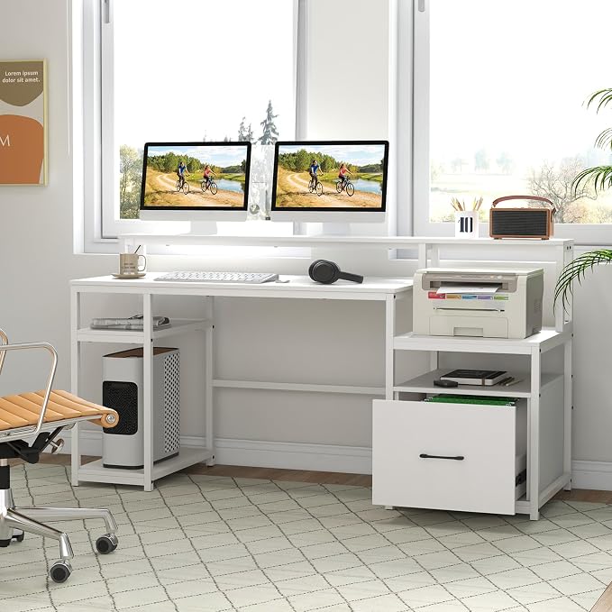 GIANTEX Computer Desk with Drawer, 66 Inch Computer Workstation with Charging Station, Monitor Stand, Printer Cabinet, CPU Stand & File Drawer, Gaming Table Writing Desk for Bedroom, White