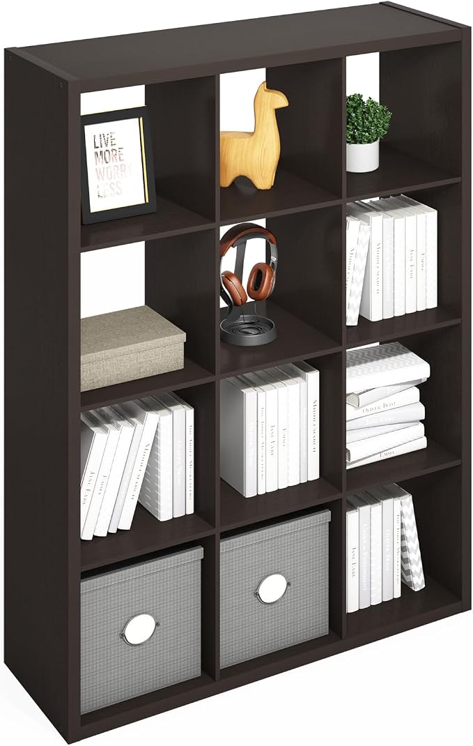 Furinno Simple 12-Cube Storage Organizer, Extra Thick Frame, Black Oak | Vertical/Horizontal, Open Back, Display Shelf, Shelving Unit, Storage Shelves, for Organization, Living Room, Home Office