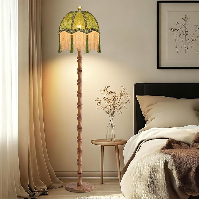 ZECOXOL Wood Floor Lamps for Living Room Boho Rustic Floor Lamp with Remote Control,Dimmable Vintage Floor Lamp Green Mid Century Modern Standing Lamp Pole Tall Fringe Floor Lamp for Bedroom Corner